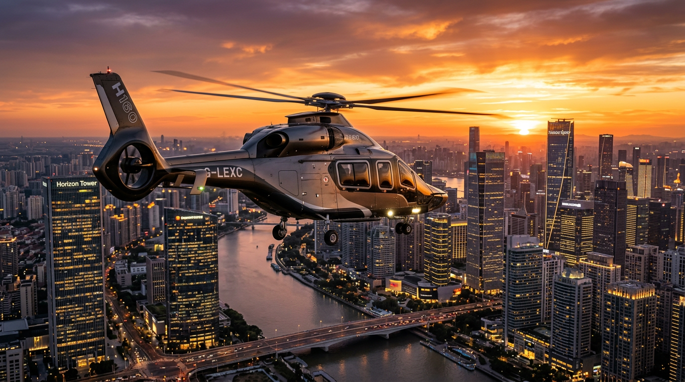 Helicopter flying over a modern city skyline at golden hour